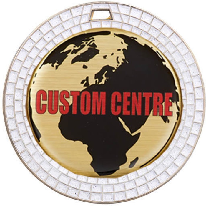 SILVER 70MM - WHITE GEMSTONE CUSTOM CENTRE DOMED MEDAL **SPARKLE**